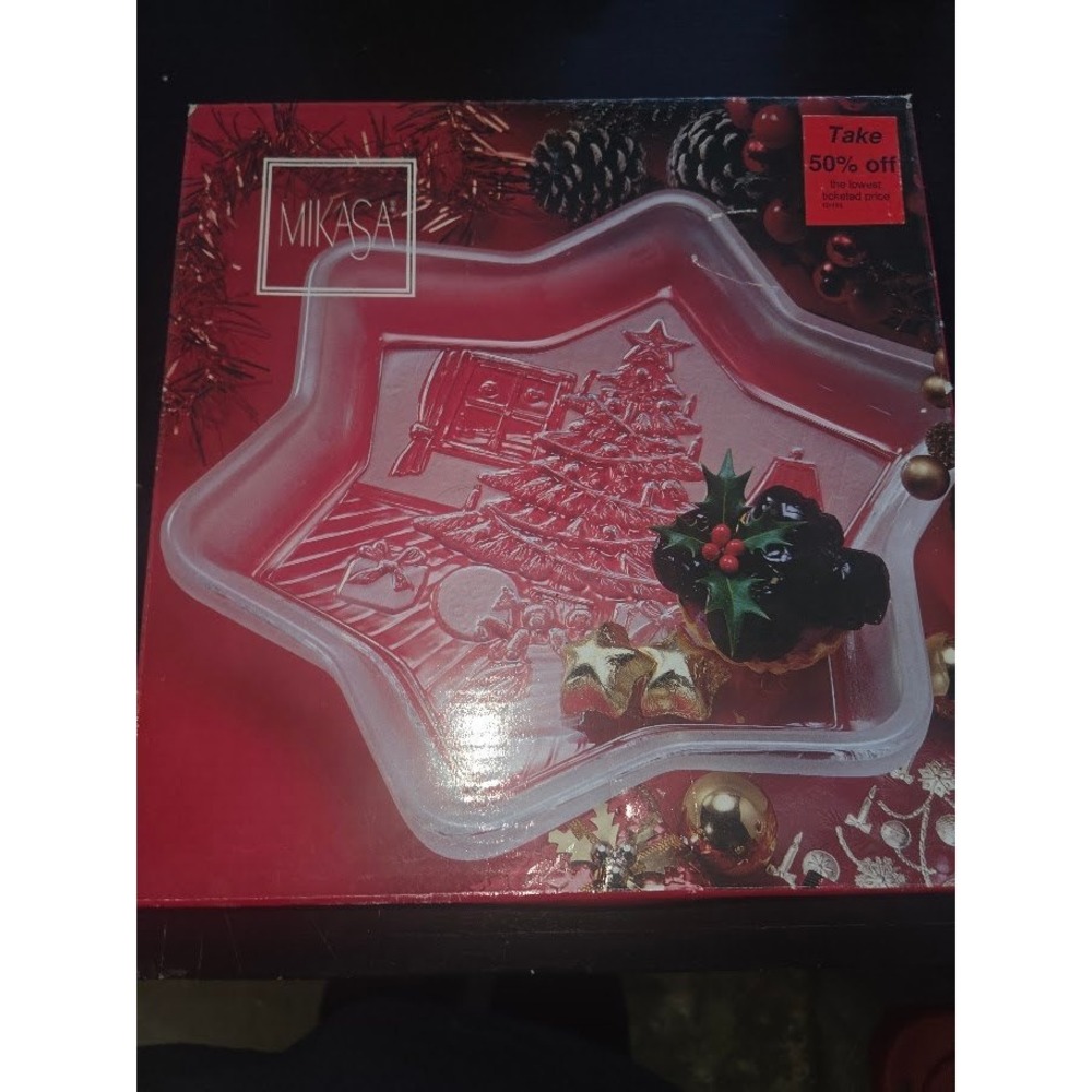 Mikasa Christmas Star Glass Dish Holiday Tree Scene Clear Gold 0660/3
